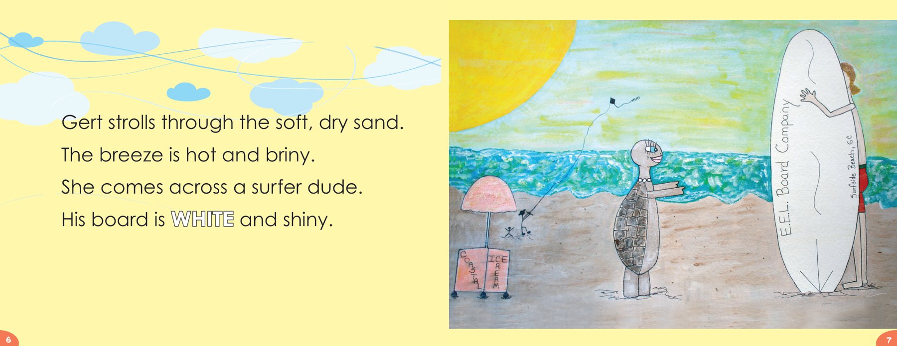 Gert discovers a bright white surfboard standing in the sand.