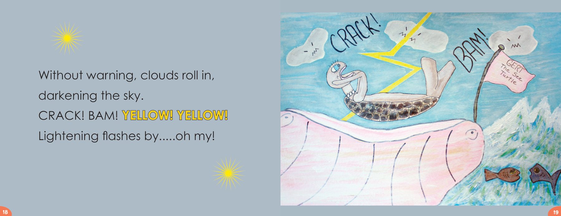 Yellow lightning flashes across storm clouds as Gert rides in her conch shell.