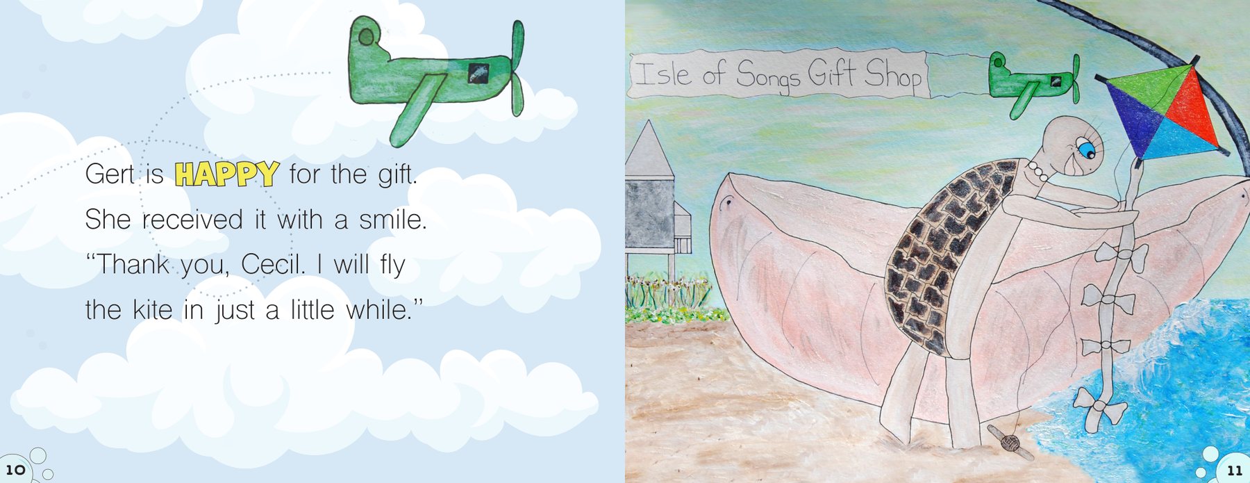 Gert happily receives a colorful kite from her friend Cecil starfish.